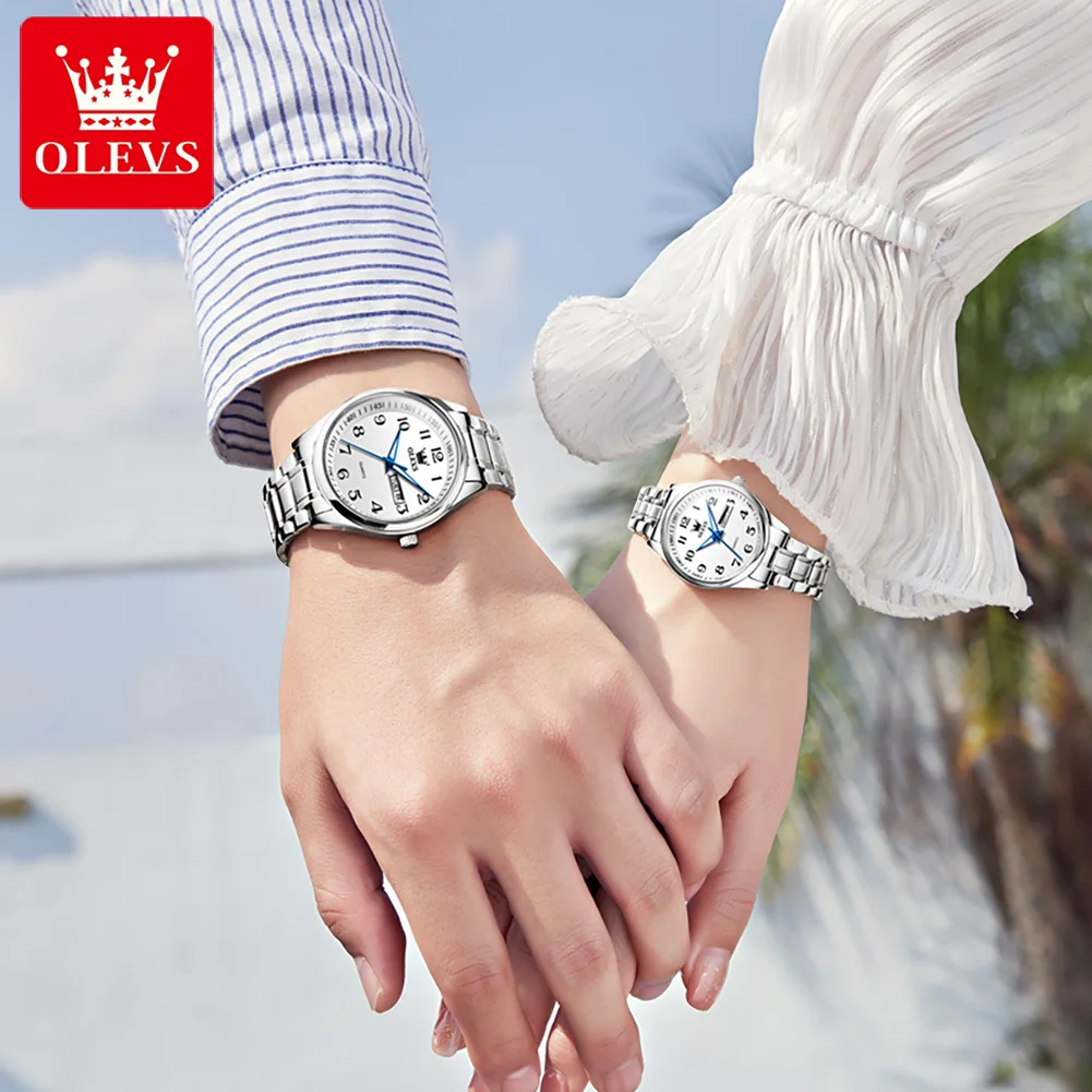 [2 Pcs] OLEVS 5567 Original Stainless Steel Watch For Couple Quartz Wristwatch Waterproof Luminous Auto Date Luxury Lover Gift