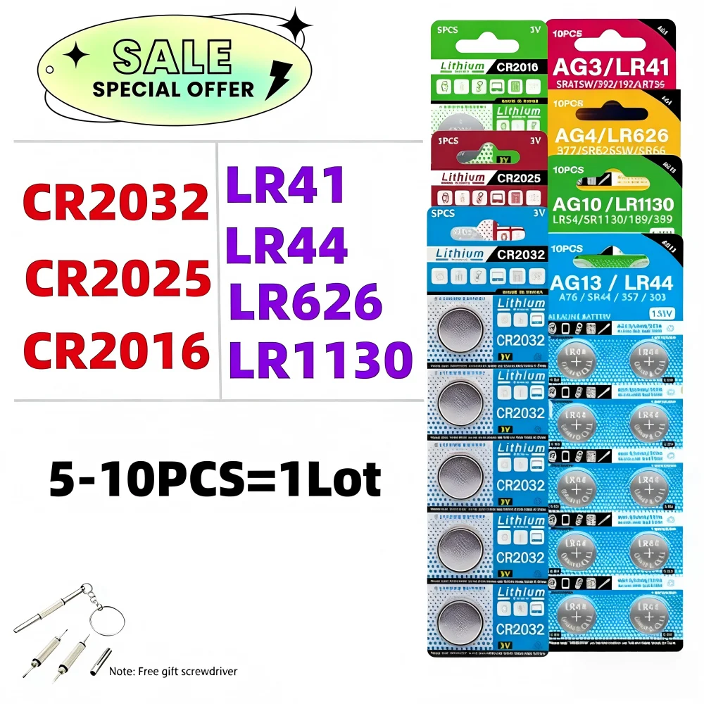 5-10PCS CR2032 CR2025 CR2016 LR41 LR44 LR626 LR1130 Button Battery 3V Lithium Battery For Watch Toy Calculator Car Remote Keys