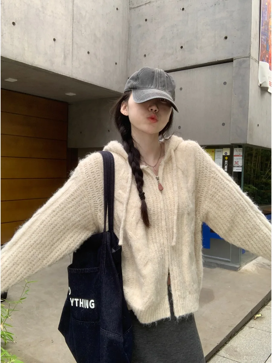 

Корейский мягкий уютный вязаный кардиган с двойной молнией и капюшоном, женский осенне-зимний свободный свитер-жакет, универсальный для подростков