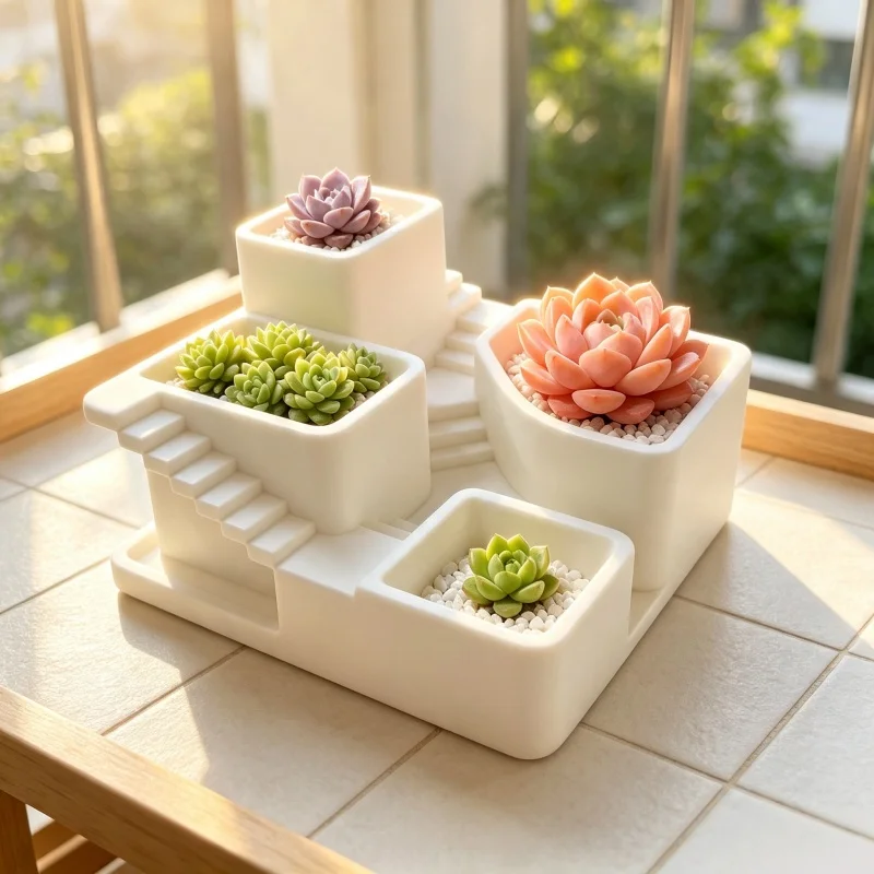 Layered Succulent Flower Pot Set, 4-Compartment Layered Planting Pots with Independent Growing Spaces, Creative Ladder-Shaped Plant Containers, Suitable for Succulents and Cacti, Desktop and Windowsill Gardening Decoration