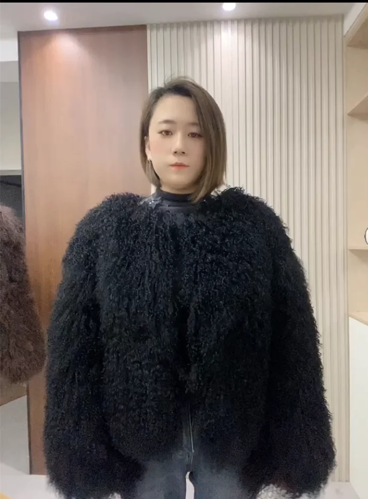 Manteau de fourrure véritable, veste en fourrure de mouton de mongolie, col rond