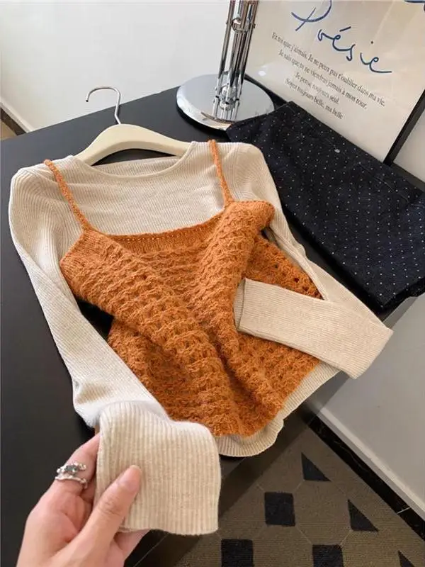 Orange Long Sleeve Knitted Top And Bottom Set Women's Fashion Korean Style Layering Spring Autumn High Quality Loose Fit