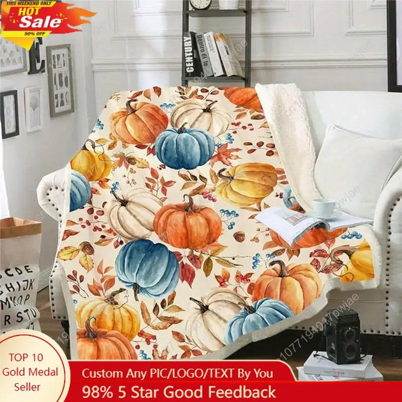 Fall Pumpkins Throw Blanket, Autumn Orange White Blue Pumpkins Leaves and Berries Soft Warm Fleece Custom blankets