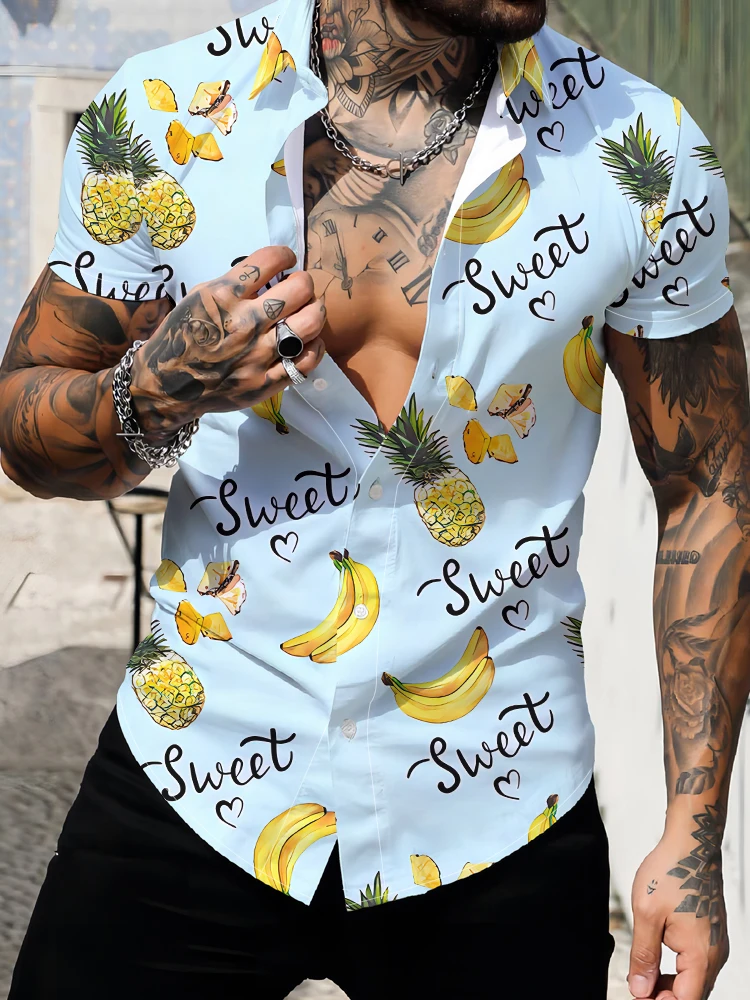 

New Hawaiian party men's summer short-sleeved shirt banana pineapple 3D digital printing men's shirt sports casual shirt