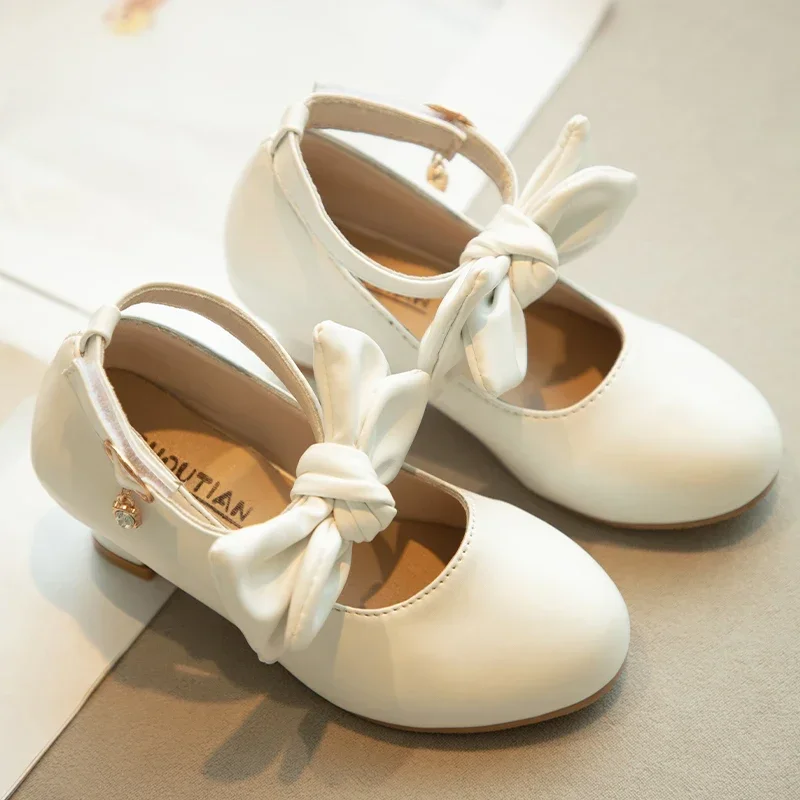 Kids Formal Shoes Solid Color Girls Leather Shoes High Heel for Party Wedding 2024 New Girls Princess Shoes with Simple Bow Chic