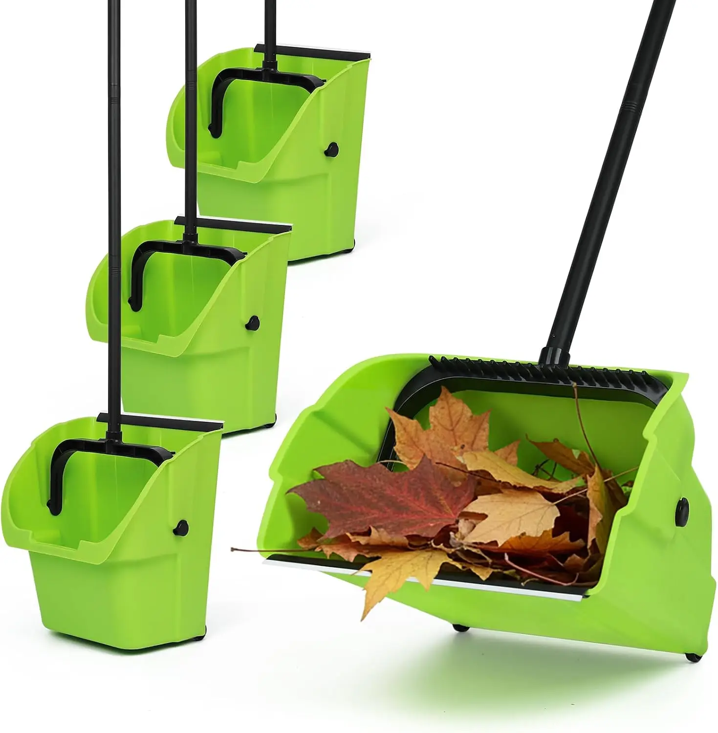 (3PK) Commercial Jumbo Heavy Duty Stand Up Debris Pan, Large Lobby Dustpan with Long Handle, Scooper for Outdoor Leaves Cleaning