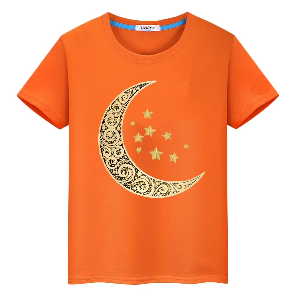 Eid Ramadan gift 100%Cotton T-Shirt Kids With Moon Clothe Boy Anime Kawaii Short Tops y2k Ramadan Kareem Muslim Festive Outfit