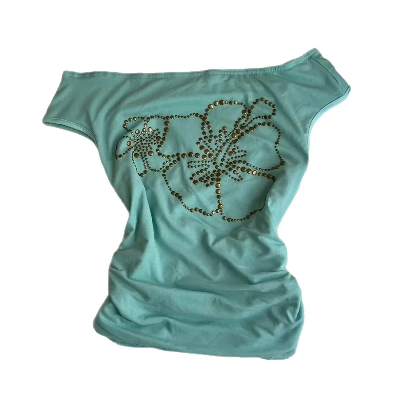 Sommer Y2K Mintgrünes Damen Millennium Schulterfreies Top mit Heißer Diamantblumen-Optik, Dünnem Schnitt und Kurzen Ärmeln im Retro-Stil – Detail 5