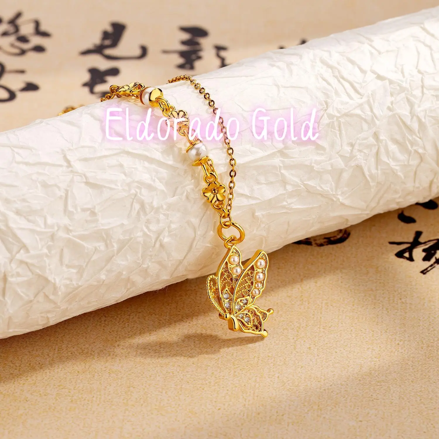 

Eldorado Gold Simple fashion 24K real gold Butterfly Pearl pendant necklace Feminine 999 pure gold light luxury luxury flower cl