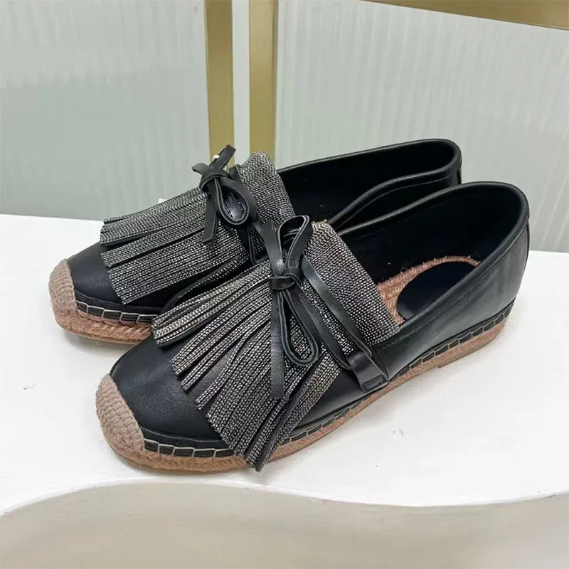 

Spring Autumn Flat Loafers Woman Round Toe Slip-on Walk Shoes Women String Beads Fringe Comfort Daily Commute Women's Shoes