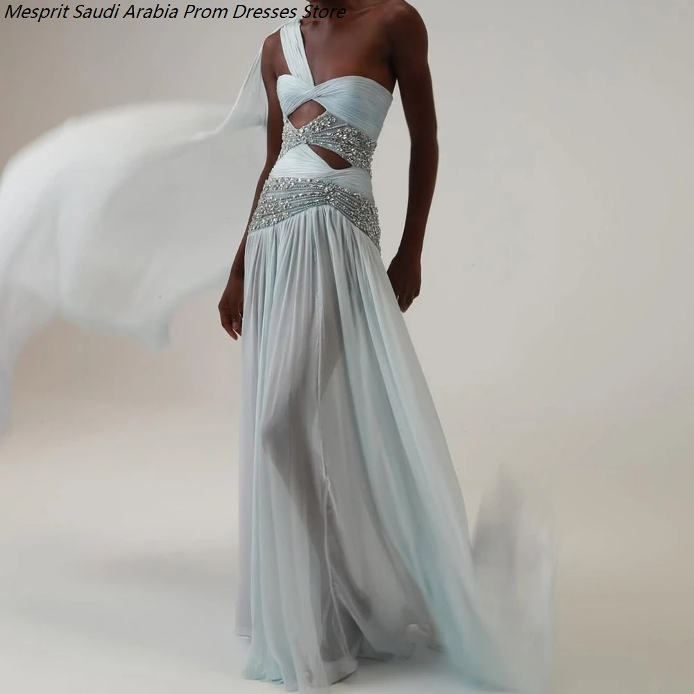 Women's A-line Evening Dresses Floor-length One-shoulder Sleeveless Prom Dresses Fashion Crystal Simple Draped Customized Gowns