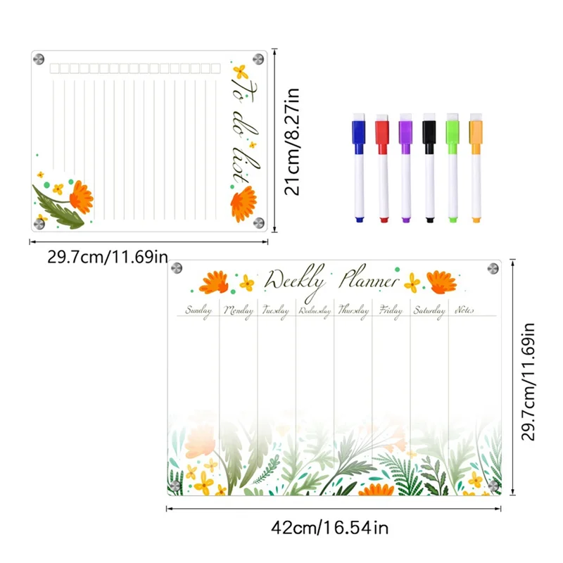 Upgraded Magnetic Acrylic Weekly Planner Calendar Memo Board For Refrigerator - Erasable Writing