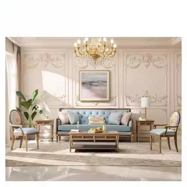 French minimalist sofa, elegant blue leather three-seater sofa with button decoration, living room furniture