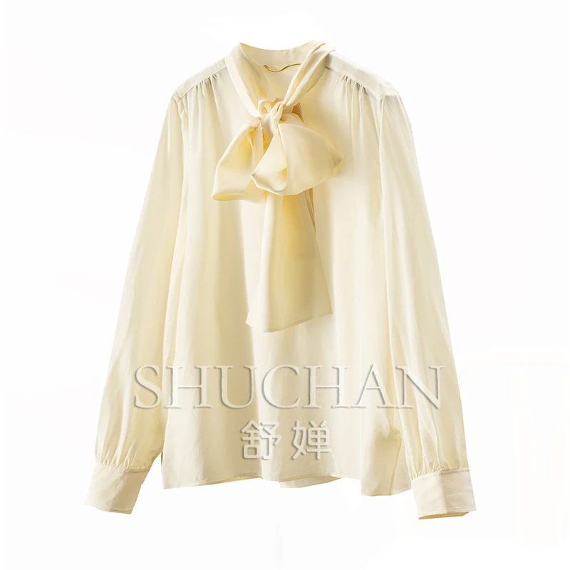 

New Natural Silk Double Crepe Streamer Collar Long Sleeve Shirt Women 61C0 Women Tops Blusa Feminina
