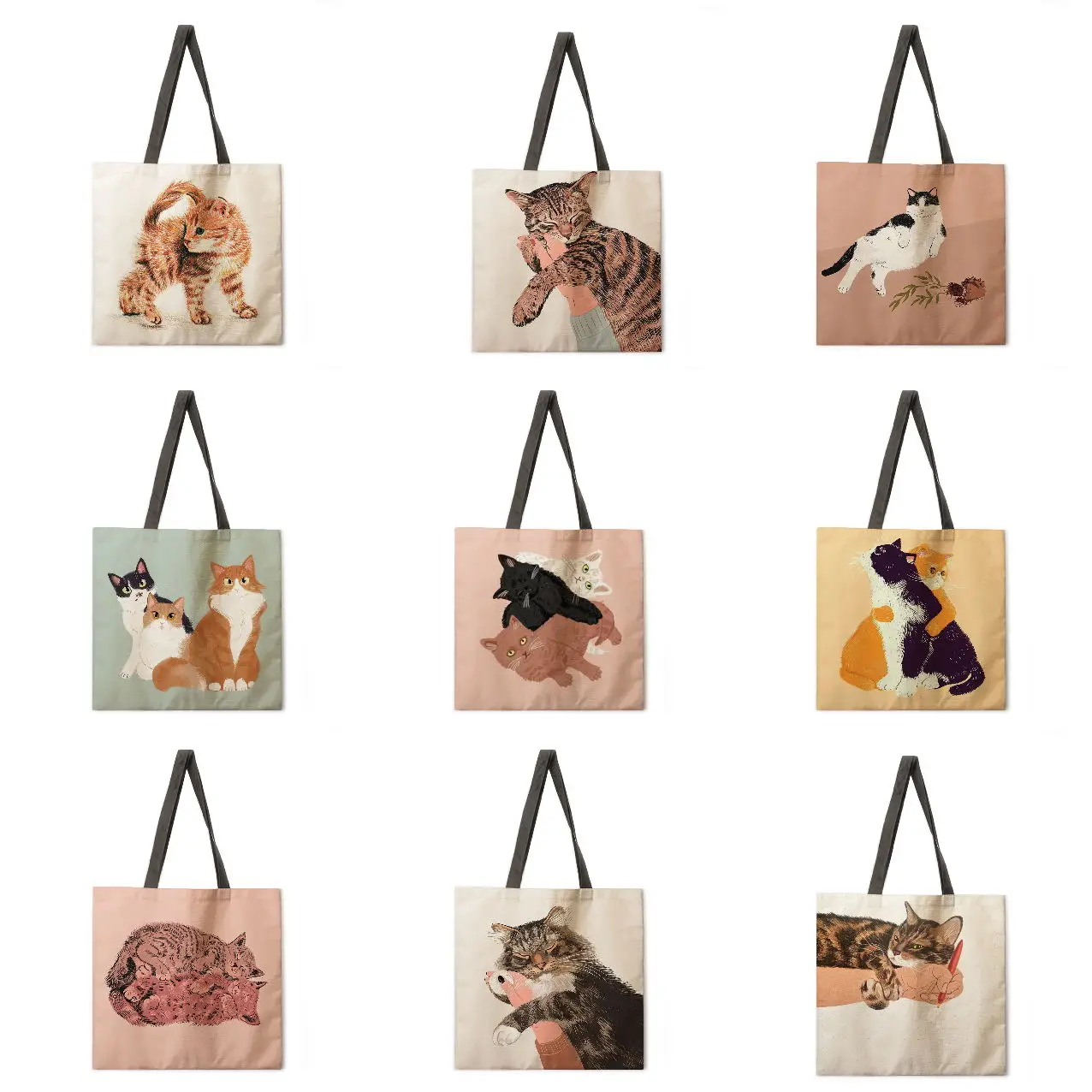 

Painting cat linen bag handbag light shoulder bag large capacity eco-friendly shopping bag tote bag