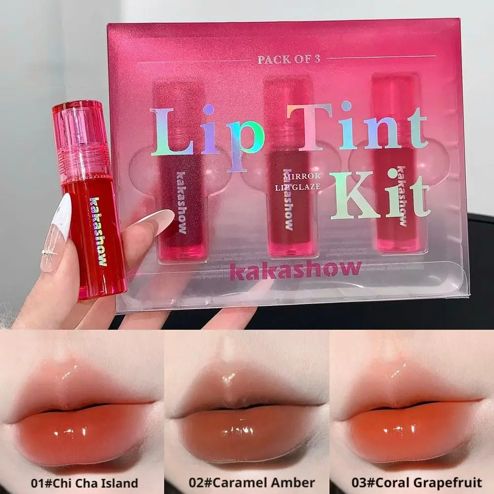 3Pcs Mirror Water Lip Gloss Set Hydrating Plumping Lip Tint Kit Moisturizing Glossy Lip Oil Liquid Lipstick Makeup Gift