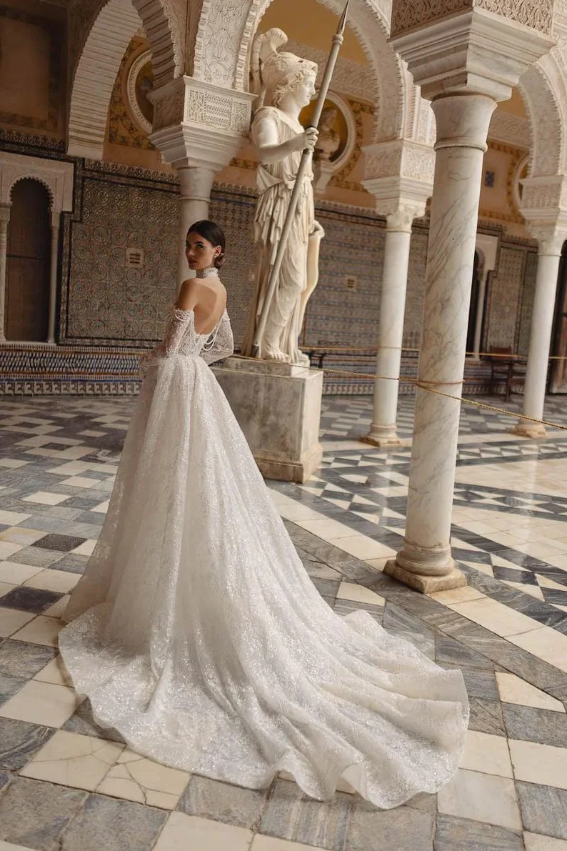 Customized Classic Romantic Basque Waist Lace Wedding Dress With Sweetheart Neckline And Off Shoulder Long Sleeved Dress