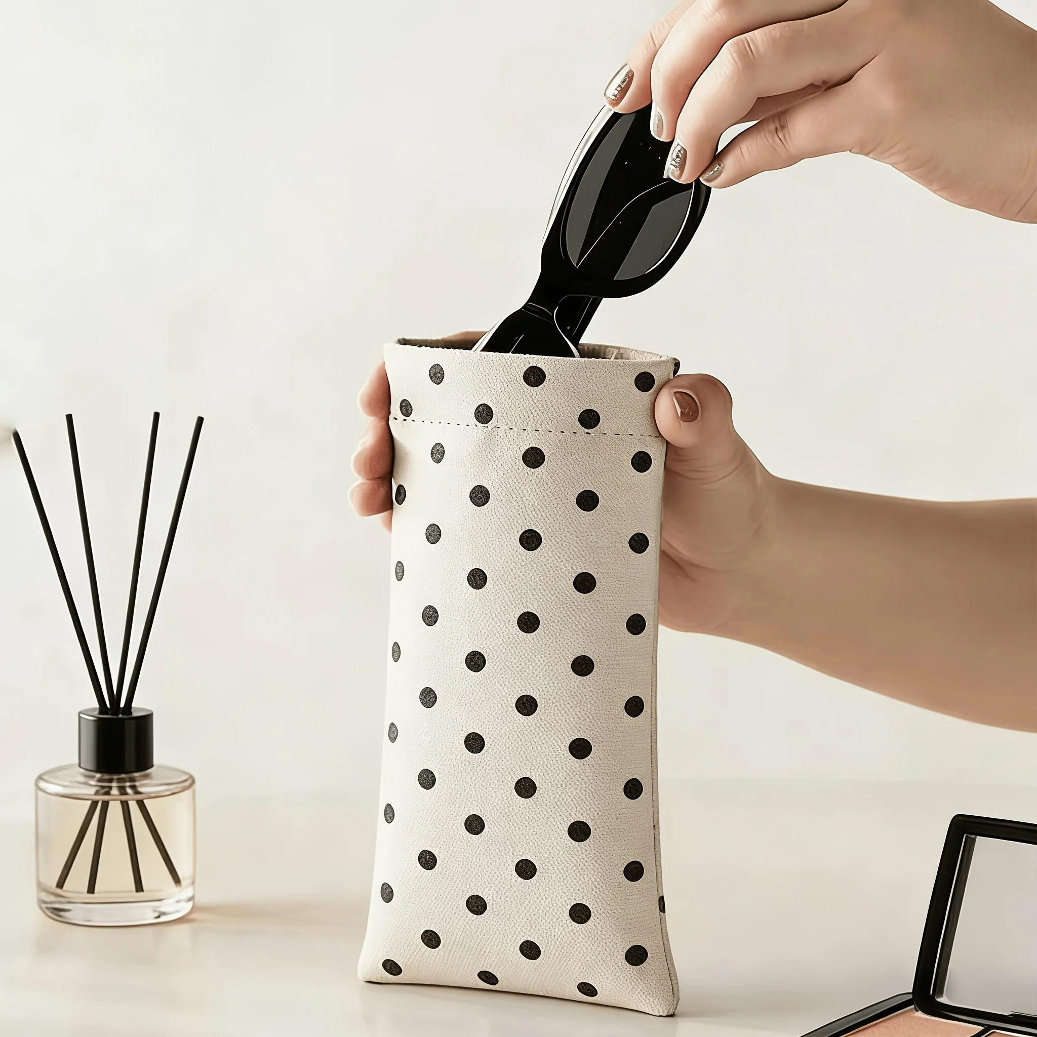 1PC PU Leather Polka Dot Glasses Bag Portable Auto Close Eyeglass Case with Clip & Cleaning Cloth