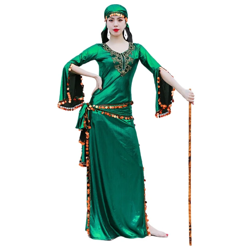 New Women Egyptian Belly Dance Costume Sequin Saidi Dress Baladi Galabeya Fallahi Abaya Stage Performance Show Wear 4 Piece Set