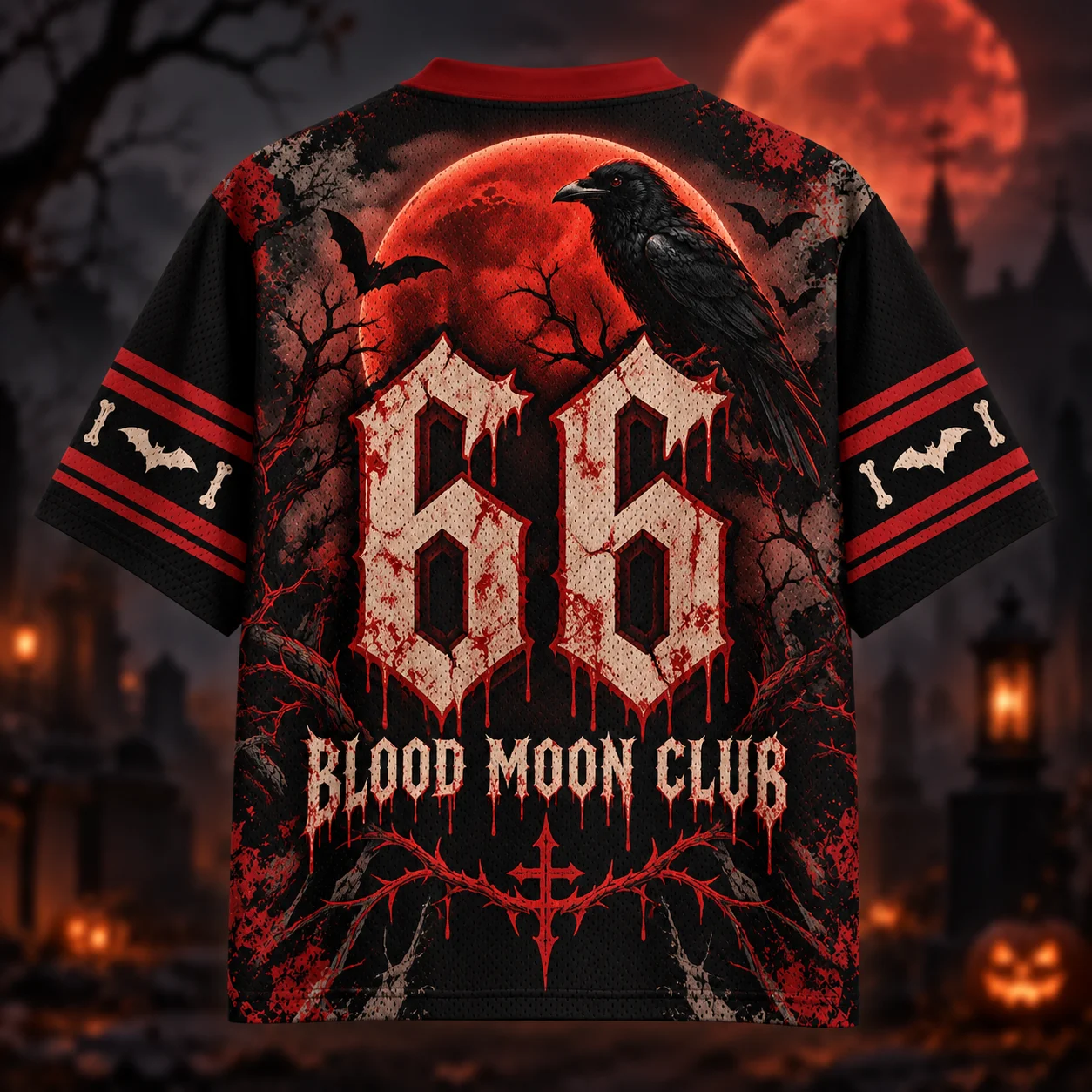 Halloween Blood Moon Club 66 Mesh Jersey, Horror Raven Skull Blood Moon V‑Neck Short Sleeve, Dark Gothic Graveyard Bats Oversize
