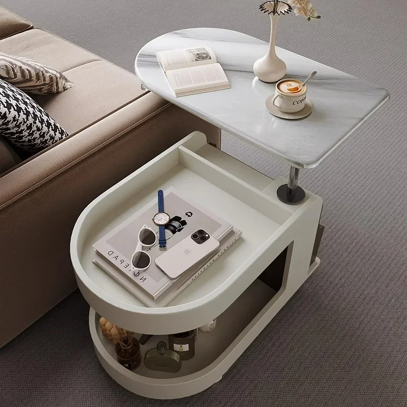 French cream style tea table multi-functional lifting side table living room sofa balcony push-pull mobile small apartment