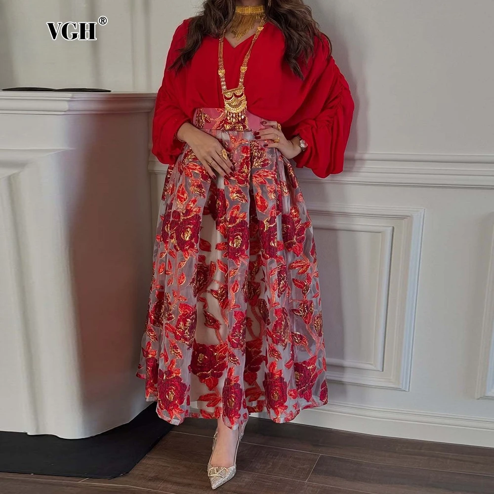 

VGH Red Color Spliced Floral Embroidery Dress for Women V Neck Long Sleeve High Waist Evening Maxi Dresses Female Spring Clothes