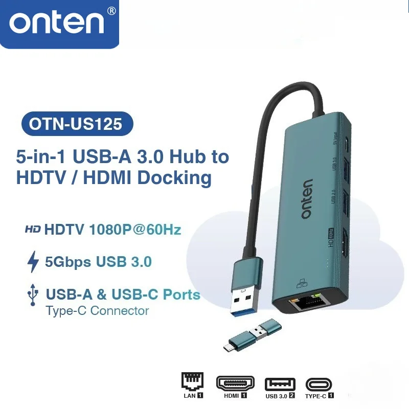 ONTEN OTN-US125 5-in-1 USB-A 3.0 to HDMI Docking Station 1080P@60Hz RJ45 LAN 5Gbps USB 3.0 Hub with Type-C Connector