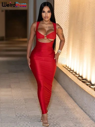 Imagen 2 del producto Vestido de fiesta Sexy con diseño de gato extraño para mujer, vestido elegante con cierre de anillo, Espalda descubierta, sin mangas, cuello bajo, Vestidos ceñidos para banquete de cumpleaños Rave