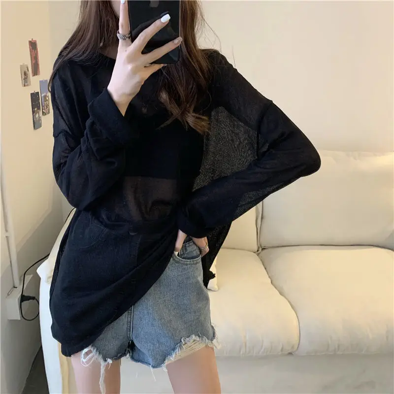 T-shirts Woman Solid Sunscreen All-match Korean Style Streetwear Candy Color Harajuku Thin Summer Clothing Ladies Casual Simple