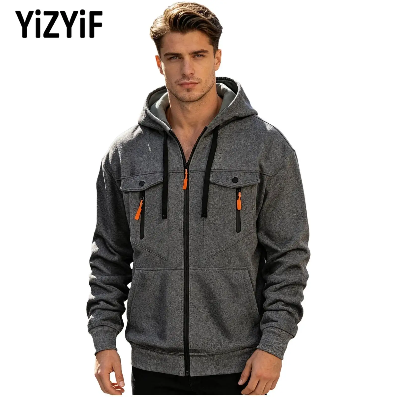 Men Fleece-lined Drawstring Hooded Jacket Long Sleeve Zipper Sweatshirt Loose Outerwear Witn Pockets Daily Life Sports Workout