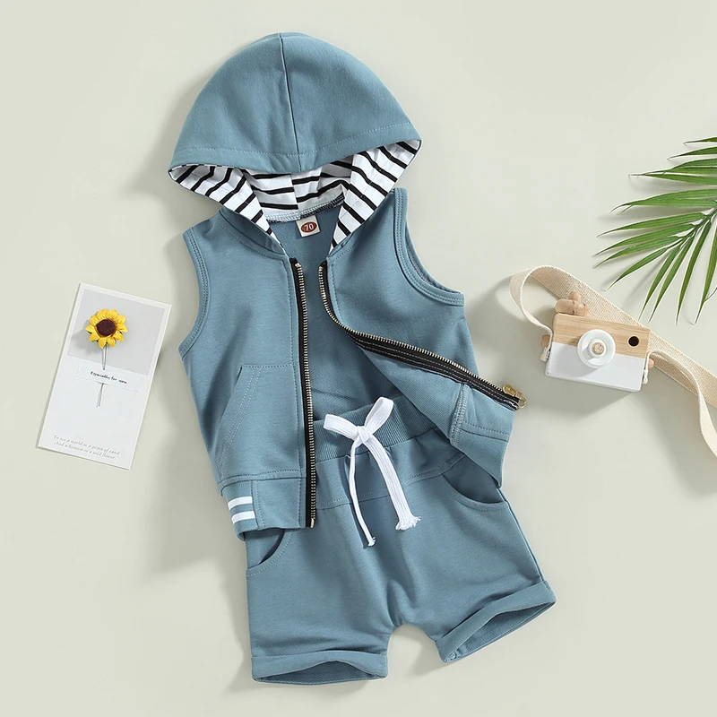 2023-02-04 Lioraitiin 0-3Years Toddler Boys 2Pcs Summer Outfit Sets Sleeveless Zipper Hoodie Solid Drawstring Shorts