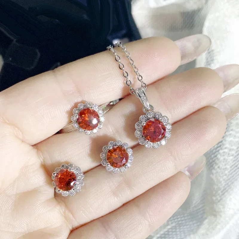 

MDL Moissa!ite StyleDaisy Live Hot Set Earrings Tangerine Red Radiant Zirconia Colorful Open Ring To Simple Pendant