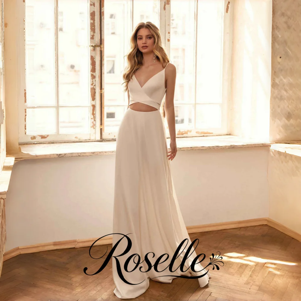 ROSELLE Simple Spaghetti Strap V-Neck A-Line Wedding Dress Cut Out Open Back Satin 2026 Bridal Gown Customized свадебное платье