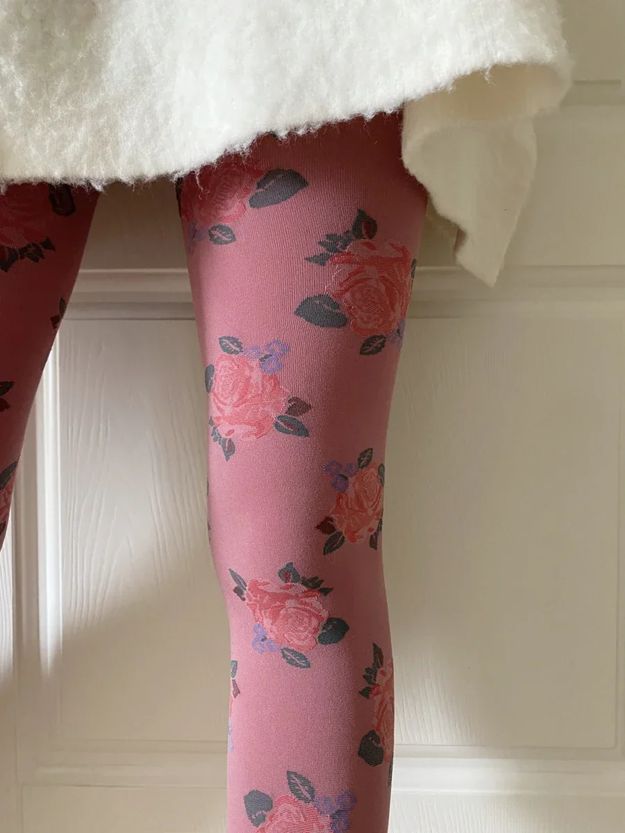 Beautiful Rose Print Tights Retro Pantyhose Black Burgundy Bottoming Stockings Autumn French Style Floral Aesthetics Vintage