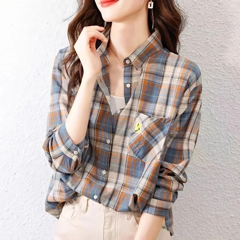 

Spring Autumn Polo-neck Vintage Plaid Printing Cotton Shirt Ladies Long Sleeve Casual Fashion Blouse Women's Cardigan ZT455