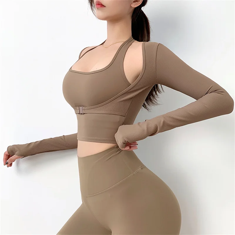 Sexy Long Sleeve Yoga Shirts Built In Bra Women Slim Fit Workout Sport T Shirt  Gym Fitness Crop Top with Thumb Holes