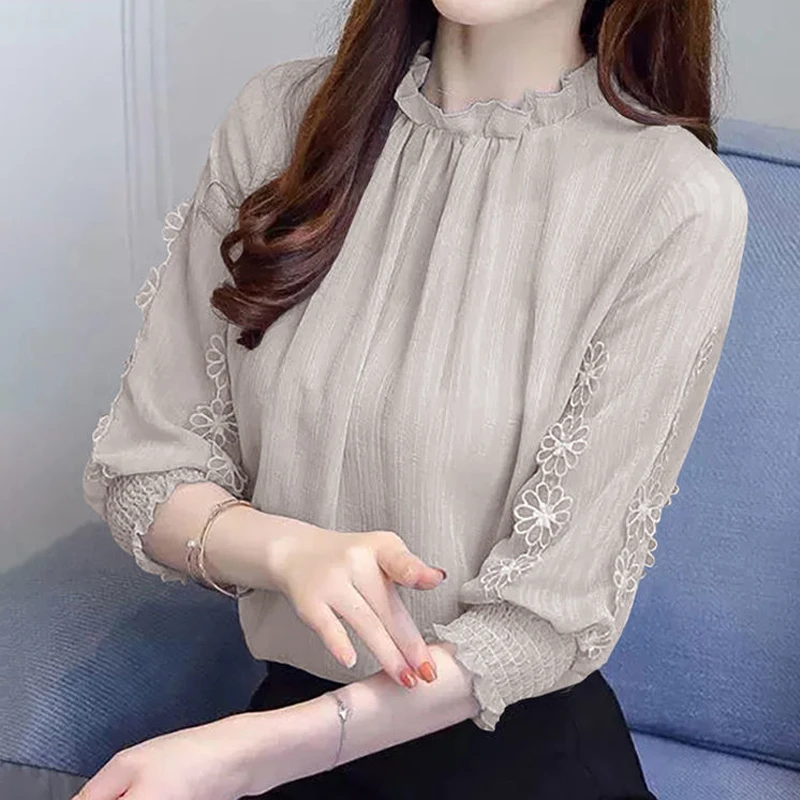 Women Korean Fashion Ruffle 3D Lace Flower Blouses Elegant Chic Commute Loose Chiffon Shirts Female Solid O Neck 3/4 Sleeve Tops