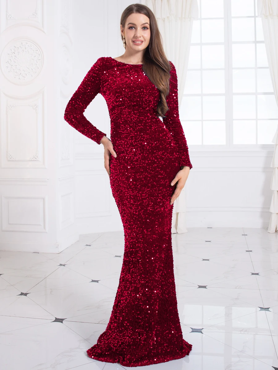 O Neck Sequined Velvet Evening Dress Formal Prom Gown Full Sleeved Long Maxi Dresses