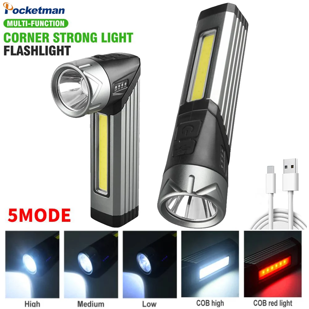 High Bright LED + COB Flashlight USB Rechargeable Torch with Magnet Waterproof Work Light Adjustable Light Head Camping Lantern