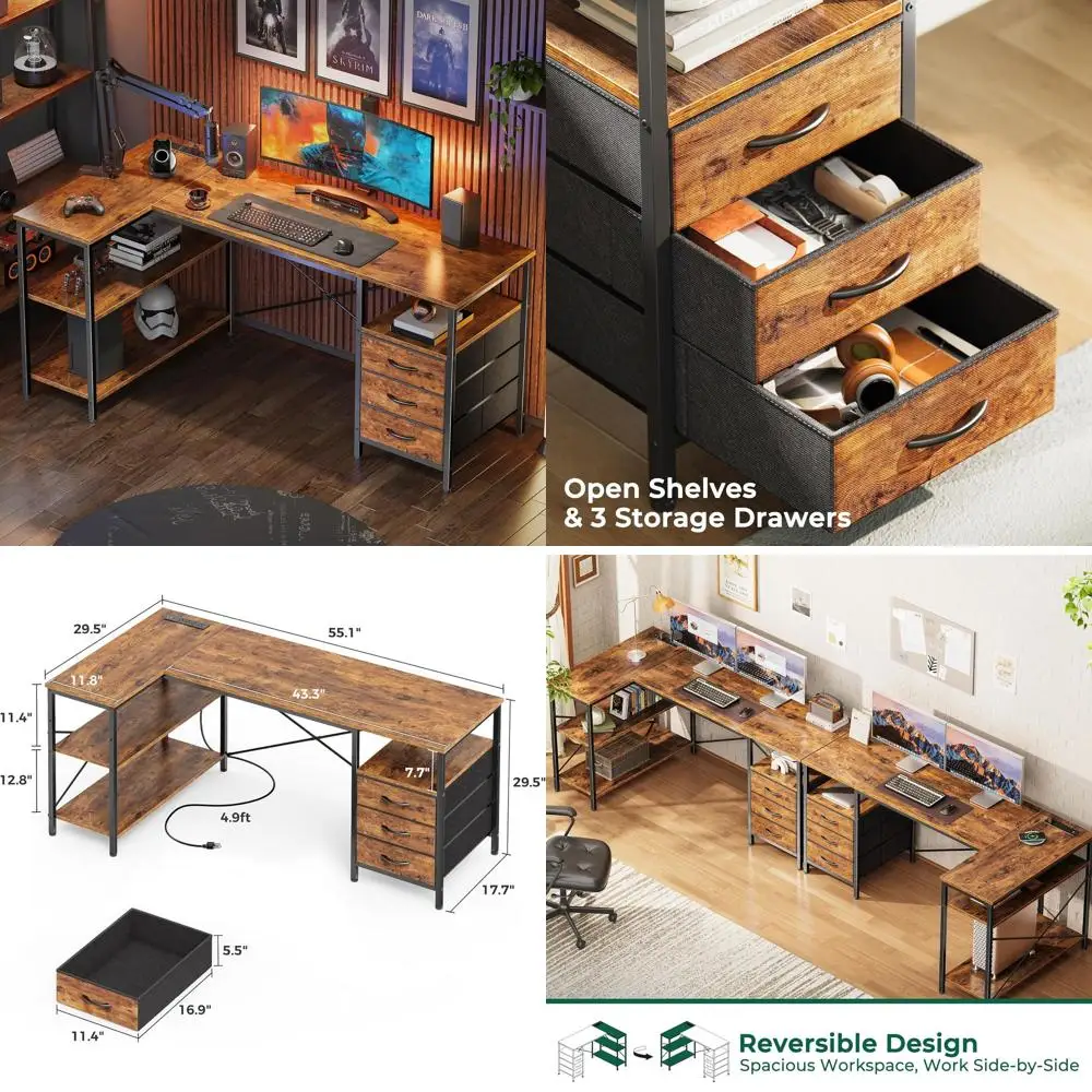Rustic Brown L-Shaped Desk with 55 Work Surface, 3 Drawers, Shelves, Power Outlets, Suitable for Gaming and Home Office