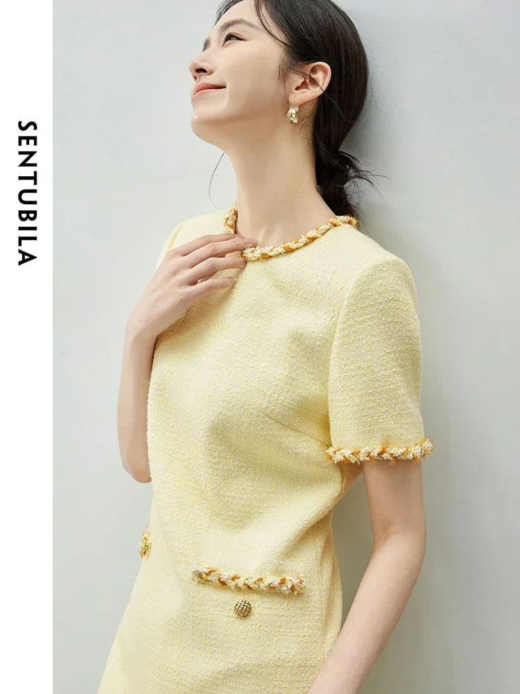 SENTUBILA Short Sleeve Tweed Dresses for Women 2024 Summer Elegant Socialite Fashion Contrast Round Neck Dress Woman 142L54213 - Image 5