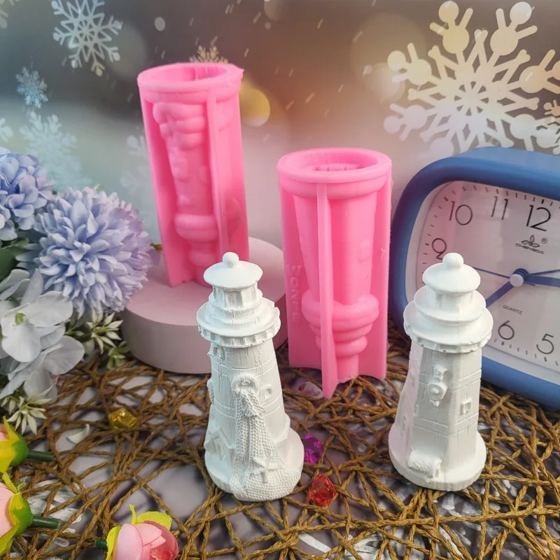 Mini Two Lighthouse Plaster Mold for Ornament Silicone Mould DIY Plaster Cement Ornament Silicone Mold 3D Candle Making Supplies