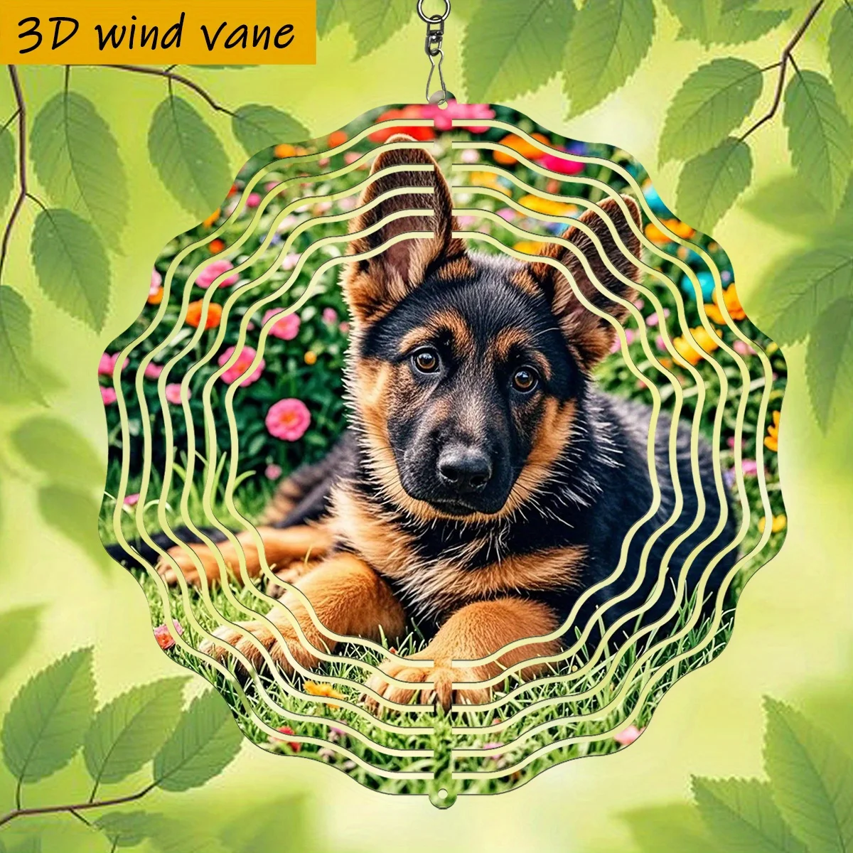 An aluminum 3D kinetic German Shepherd puppy wind spinner hanging outdoors in a balcony garden setup.