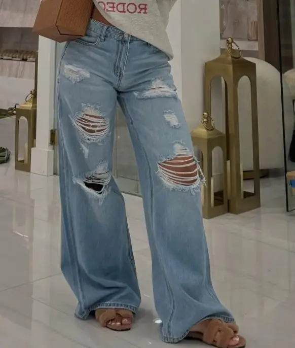 

Summer New American Style Trendy High Street Style Light Colored High Waisted Ripped and Worn Hollow Design Straight Leg Jeans