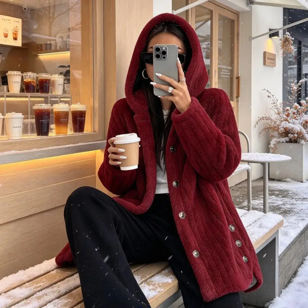 Autumn Winter Outerwear Solid Color Coat Women’s Fleece Hooded Coat Oversized Button Front Jacket Warm Long Sleeve for Fall