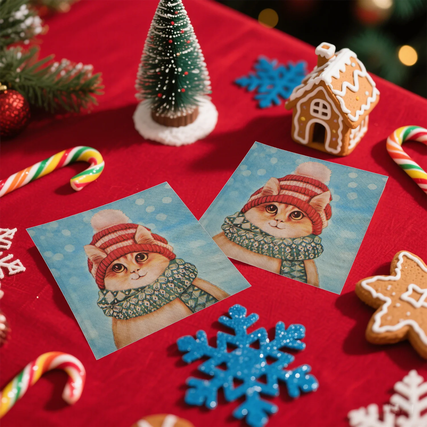 20 قطعة لطيف عيد الميلاد القط المطبوعة المناديل الورقية المتاح 3رقائق 33x33 سنتيمتر-المناديل القابل للتصرف الشتاء الأحداث الأطراف الجدول إعدادات