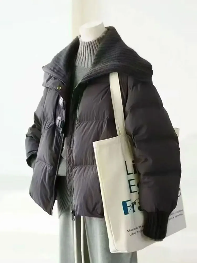 

Winter New Knitted Collar down Cotton Jaet Women's Sli Versatile Warm Cotton Coat Button Design Commute Loose Fit Long ...