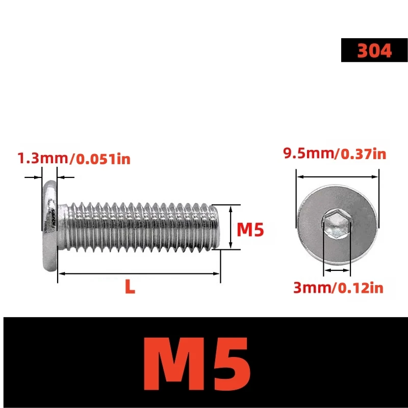 SS CM M5 M6 304 Stainless Steel Hex Hexagon Socket Ultra Thin Flat Wafer Allen Head Bolts Screw for Electronics Furniture DIY