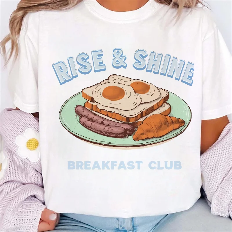

Rise&Shine Breakfast Pattern Printed Basic T-Shirt Casual Top Women's Fashion Printed Cartoon Round Neck Style White T-Shirt