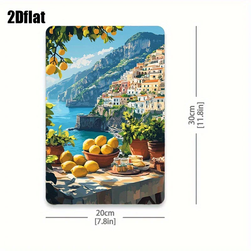 2D Flat, 1pc Vintage Lemon & Olive Branch Metal Tin Sign - Coastal Wall Art with Lemon Tree, Olive Branches, Cliffs & Ocean Wave